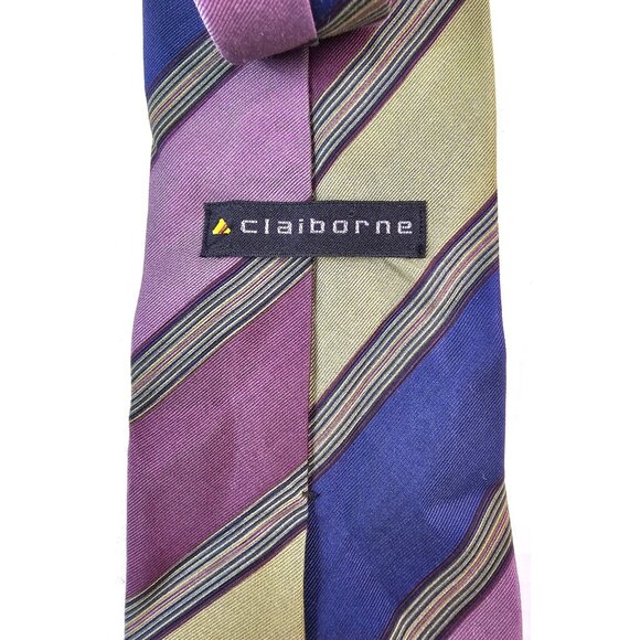 Claiborne Mens Striped Tie Purple & Green Polyester Fabric Made In USA - Picture 4 of 6